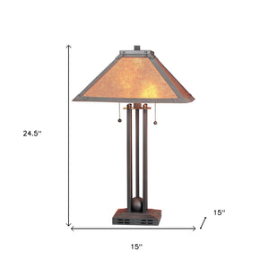 Homeroots 25" Gray Metal Two Light Cylinder Table Lamp With Amber Square Shade   524680