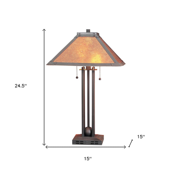 Homeroots 25" Gray Metal Two Light Cylinder Table Lamp With Amber Square Shade   524680
