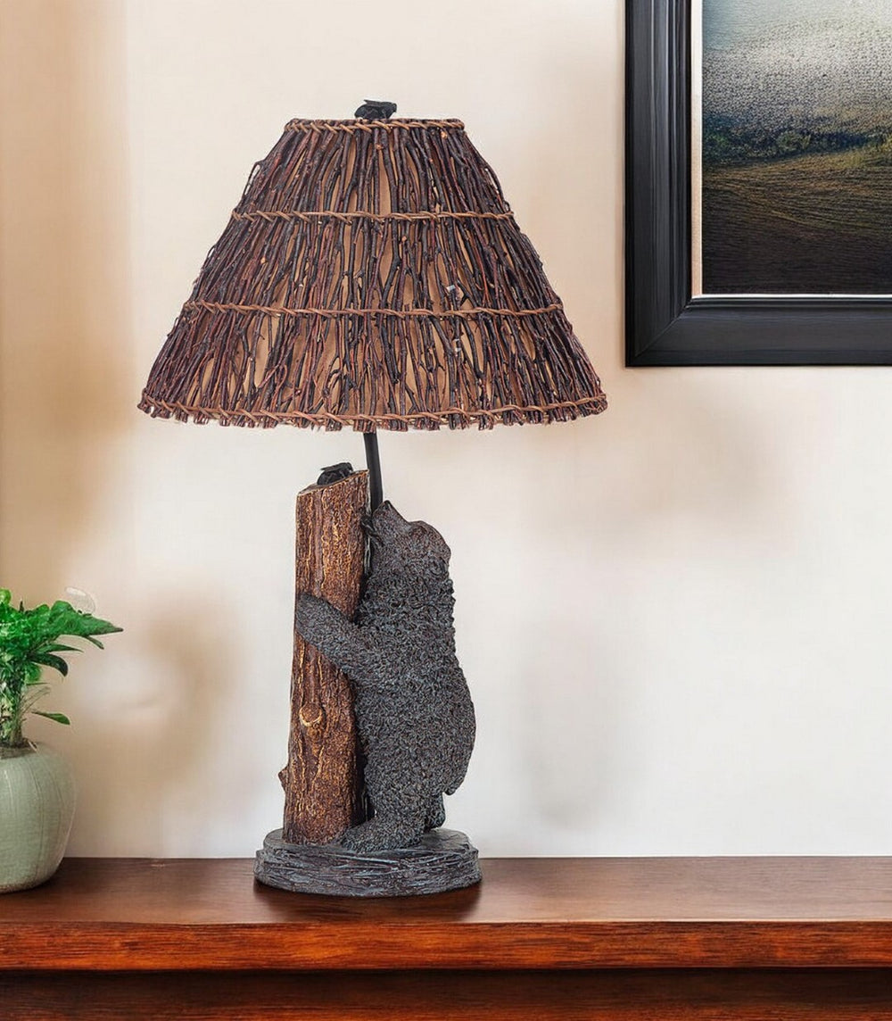 HomeRoots 29" Gray Novelty Table Lamp - Textured Resin Base & Rustic Brown Shade for Cozy Ambiance & Style 524681