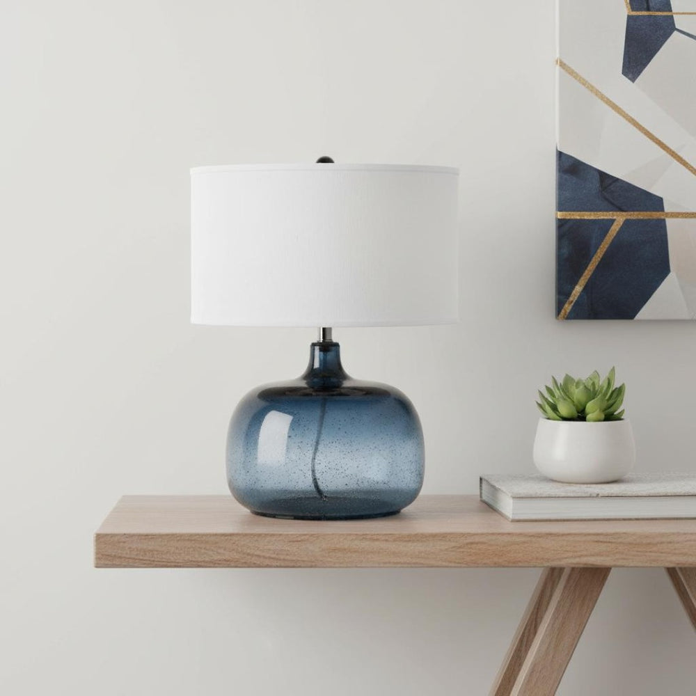 HomeRoots 24" Coastal-Inspired Dark Blue Glass Table Lamp with Modern White Shade for Versatile Lighting 524687
