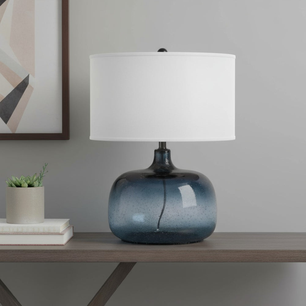 HomeRoots 24" Coastal-Inspired Dark Blue Glass Table Lamp with Modern White Shade for Versatile Lighting 524687