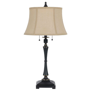 HomeRoots 31" Elegant Black Metal Two-Light Candlestick Table Lamp with Soft Beige Shade for Any Decor 524692