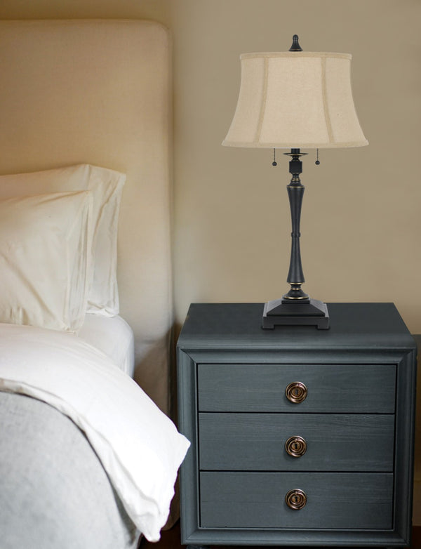 HomeRoots 31" Elegant Black Metal Two-Light Candlestick Table Lamp with Soft Beige Shade for Any Decor 524692