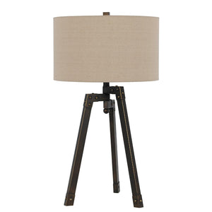 HomeRoots 32" Charcoal Metal Tripod Table Lamp with Tan Linen Shade - Stylish Ambient Lighting for Any Space 524695