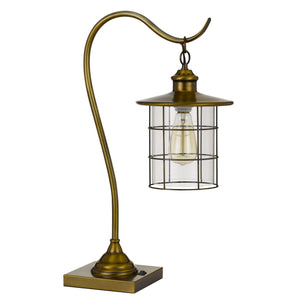 Homeroots 25" Antiqued Brass Metal Lantern Desk Lamp With Antiqued Brass Drum Shade   524696