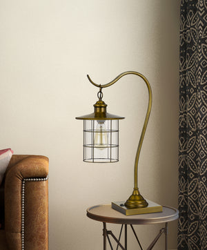 Homeroots 25" Antiqued Brass Metal Lantern Desk Lamp With Antiqued Brass Drum Shade   524696