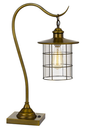 Homeroots 25" Antiqued Brass Metal Lantern Desk Lamp With Antiqued Brass Drum Shade   524696