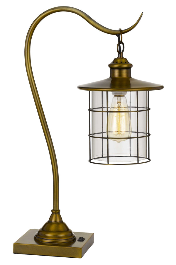 Homeroots 25" Antiqued Brass Metal Lantern Desk Lamp With Antiqued Brass Drum Shade   524696