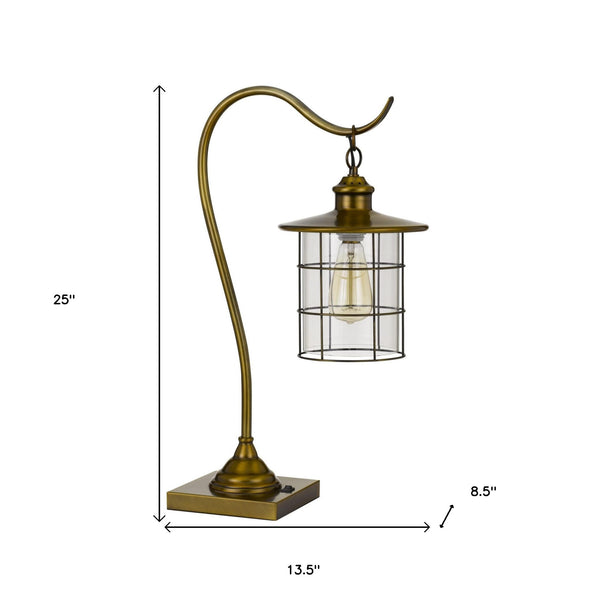 Homeroots 25" Antiqued Brass Metal Lantern Desk Lamp With Antiqued Brass Drum Shade   524696