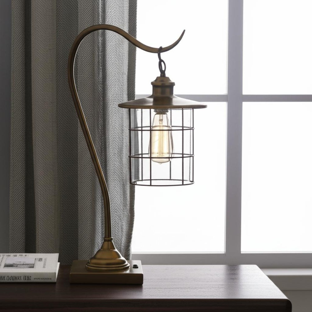 HomeRoots 25" Antiqued Brass Lantern Desk Lamp - Vintage Charm for Modern Workspaces with Warm Glow 524696