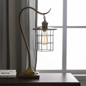 HomeRoots 25" Antiqued Brass Lantern Desk Lamp - Vintage Charm for Modern Workspaces with Warm Glow 524696