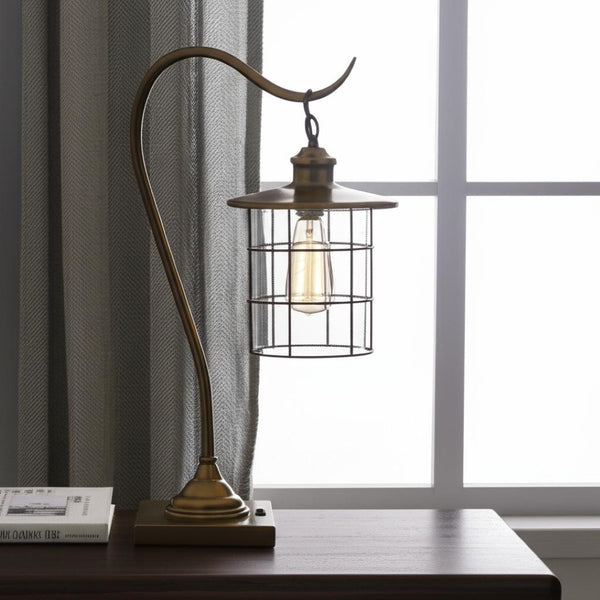 HomeRoots 25" Antiqued Brass Lantern Desk Lamp - Vintage Charm for Modern Workspaces with Warm Glow 524696