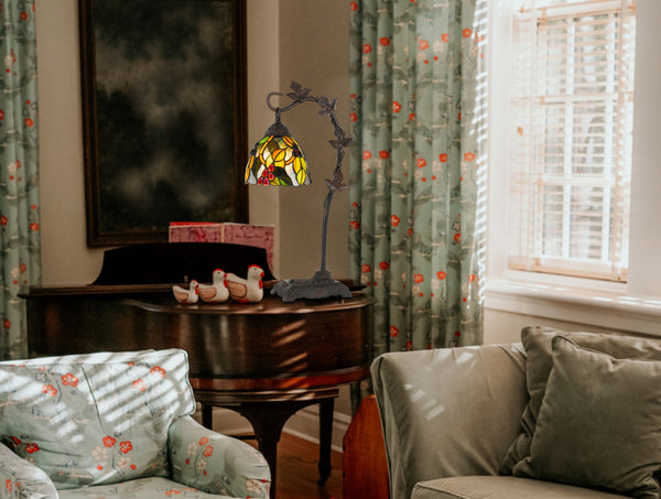 Homeroots 24" Bronze Metal Tiffany Style Table Lamp With Hanging Stained Glass Shade   524697