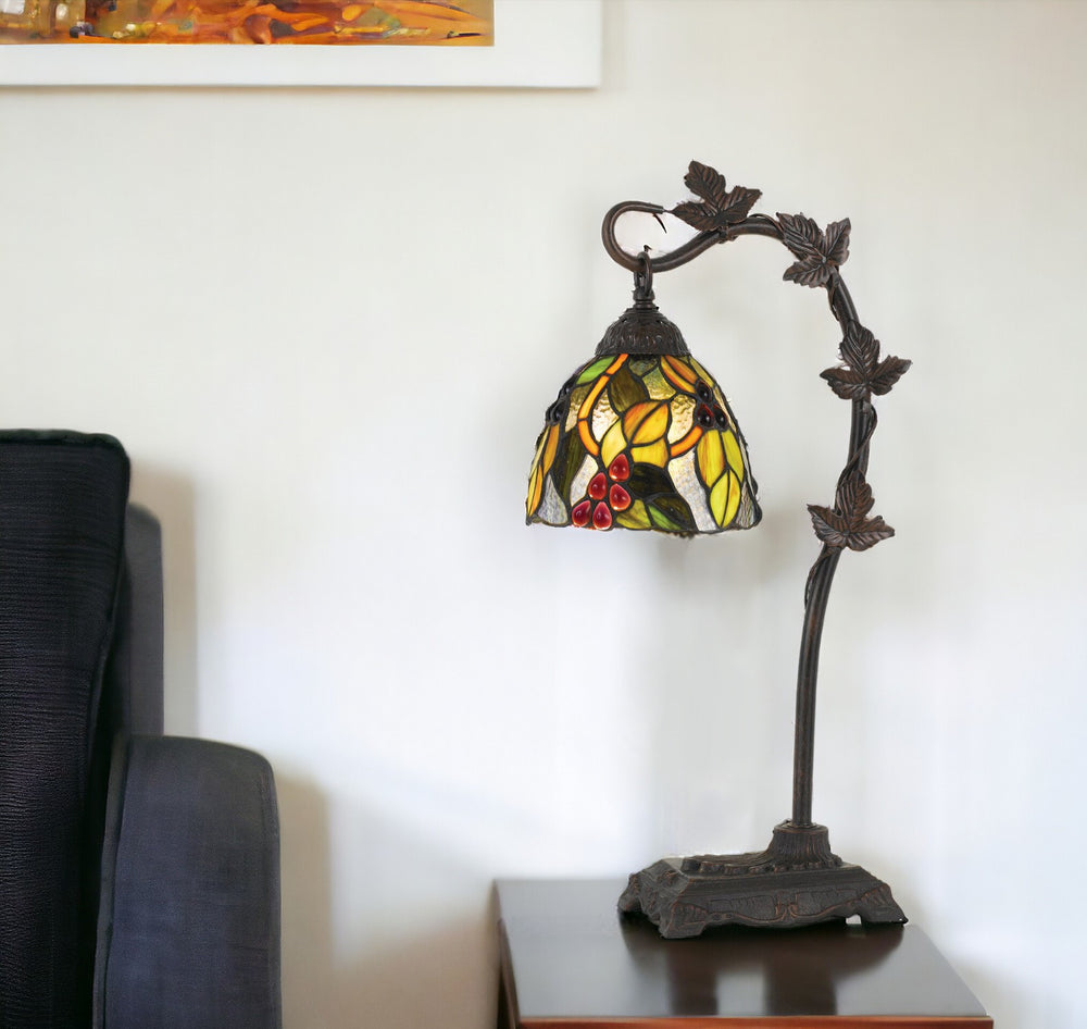 Homeroots 24" Bronze Metal Tiffany Style Table Lamp With Hanging Stained Glass Shade   524697