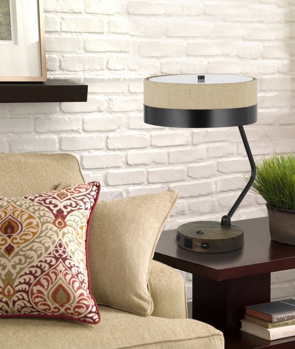 Homeroots 20" Black Metal Two Light Desk Usb Table Lamp With Beige Drum Shade   524698