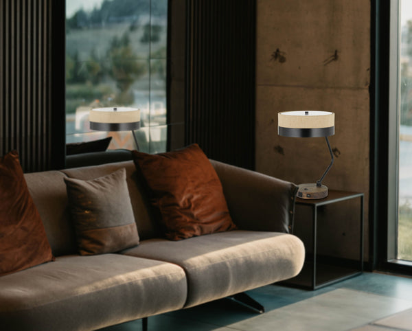 Homeroots 20" Black Metal Two Light Desk Usb Table Lamp With Beige Drum Shade   524698