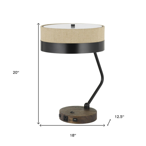 Homeroots 20" Black Metal Two Light Desk Usb Table Lamp With Beige Drum Shade   524698