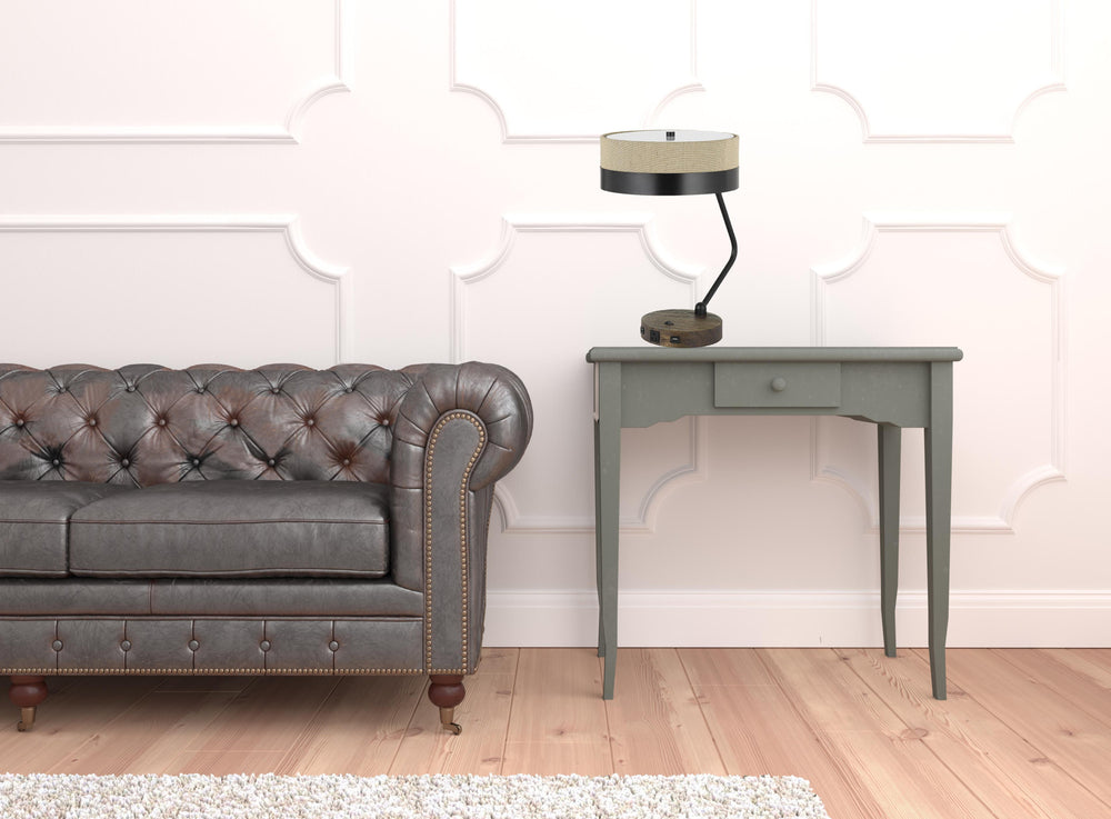 Homeroots 20" Black Metal Two Light Desk Usb Table Lamp With Beige Drum Shade   524698