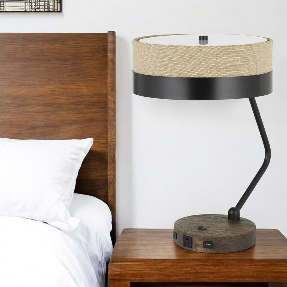 HomeRoots 20" Rustic Industrial USB Table Lamp with Dual Lights and Beige Burlap Shade for Modern Spaces 524698