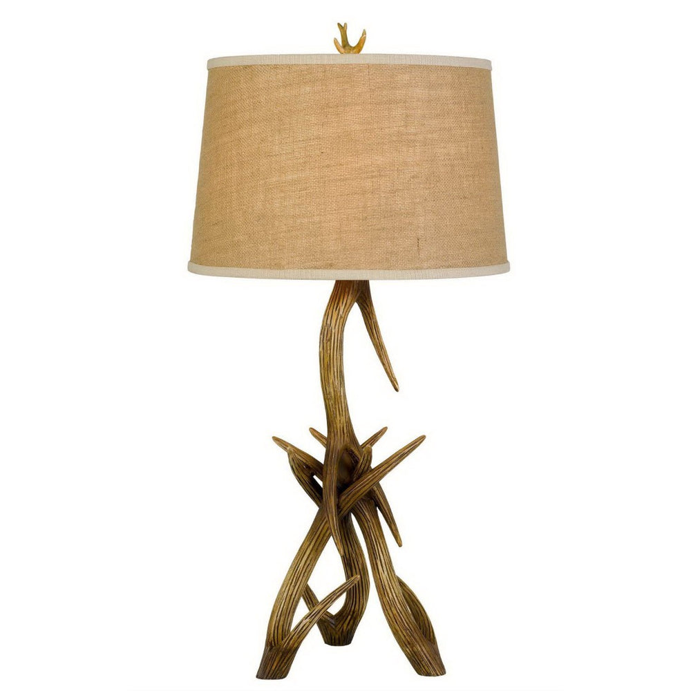 HomeRoots 33" Rustic Antlers Table Lamp with Warm Burlap Shade - Perfect for Lodge and Cabin Decor! 524700