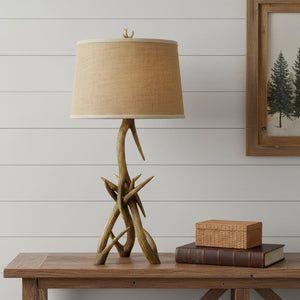 HomeRoots 33" Rustic Antlers Table Lamp with Warm Burlap Shade - Perfect for Lodge and Cabin Decor! 524700
