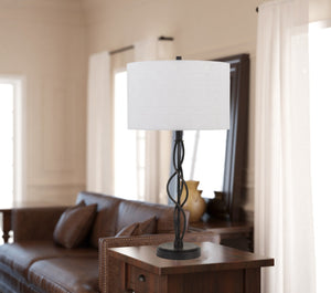 HomeRoots 30" Elegant Black Metal Candlestick Table Lamp with Off-White Shade for Timeless Ambient Lighting 524701