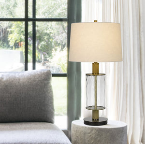 HomeRoots 31" Clear Metal Table Lamp - Modern Dimmable Design with White Empire Shade & Wood Accents for Any Room 524713