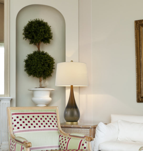 Homeroots 30" Bronze Metal Round Table Lamp With White Empire Shade   524716