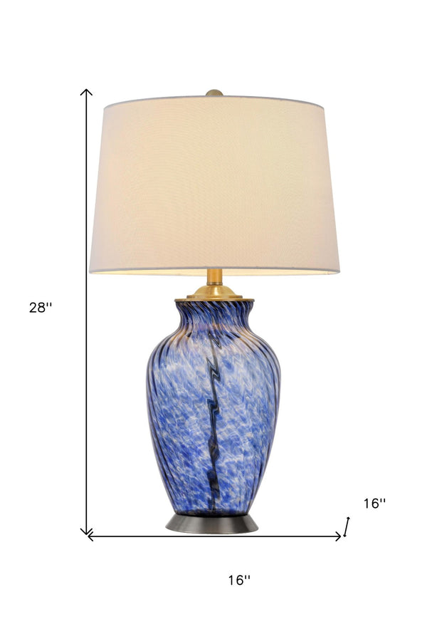 HomeRoots 28" Blue Swirl Glass Table Lamp - Elegant Design with White Shade, Dimmable, Perfect for Any Room 524717