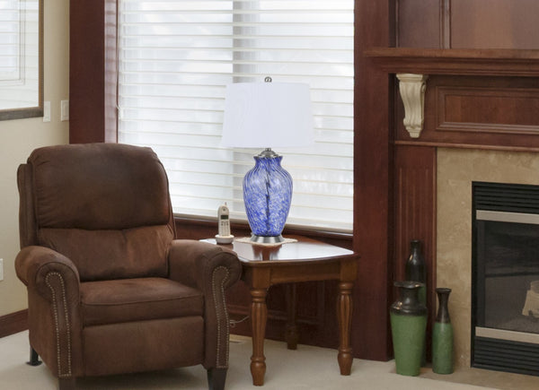 HomeRoots 28" Blue Swirl Glass Table Lamp - Elegant Design with White Shade, Dimmable, Perfect for Any Room 524717