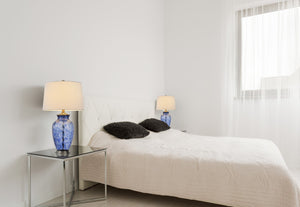 HomeRoots 28" Blue Swirl Glass Table Lamp - Elegant Design with White Shade, Dimmable, Perfect for Any Room 524717