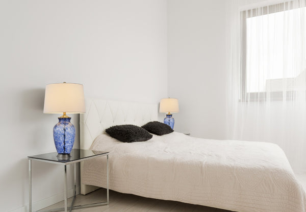 HomeRoots 28" Blue Swirl Glass Table Lamp - Elegant Design with White Shade, Dimmable, Perfect for Any Room 524717