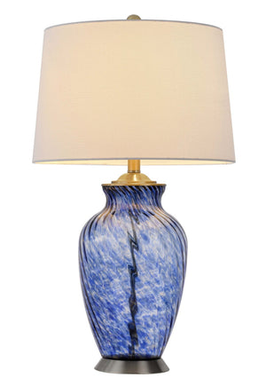 HomeRoots 28" Blue Swirl Glass Table Lamp - Elegant Design with White Shade, Dimmable, Perfect for Any Room 524717