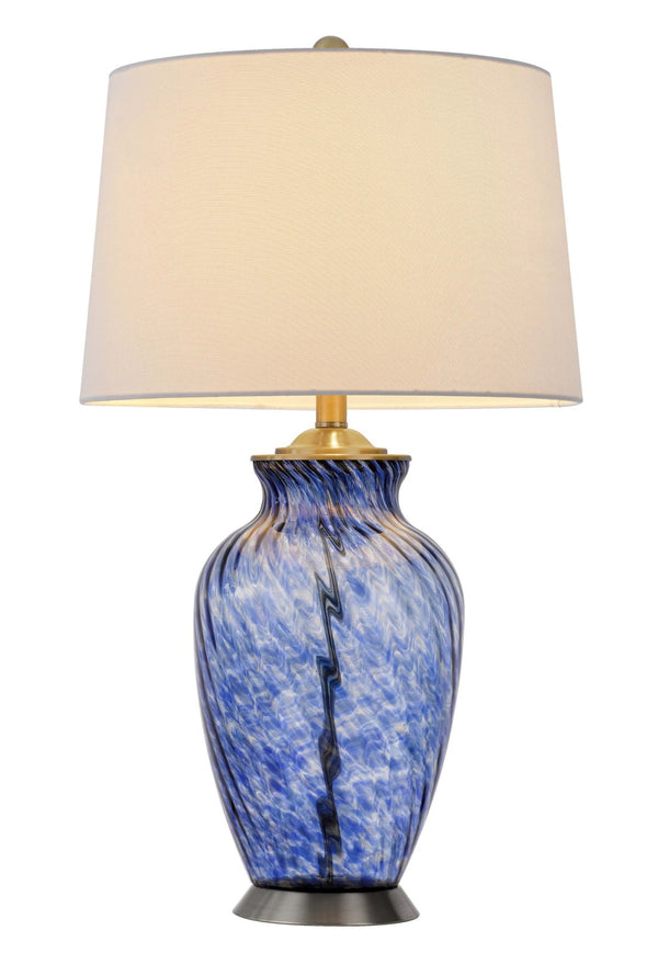 HomeRoots 28" Blue Swirl Glass Table Lamp - Elegant Design with White Shade, Dimmable, Perfect for Any Room 524717
