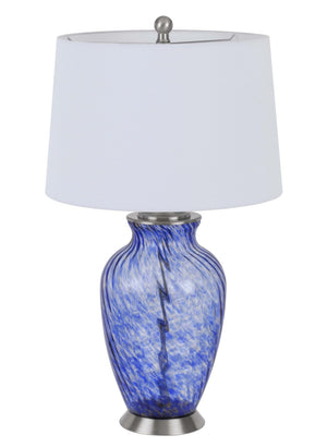 HomeRoots 28" Blue Swirl Glass Table Lamp - Elegant Design with White Shade, Dimmable, Perfect for Any Room 524717