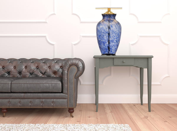 HomeRoots 28" Blue Swirl Glass Table Lamp - Elegant Design with White Shade, Dimmable, Perfect for Any Room 524717
