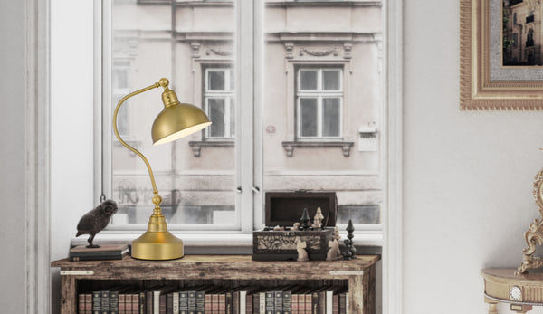 Homeroots 25" Antiqued Brass Metal Lantern Desk Lamp With Antiqued Brass Dome Shade   524725