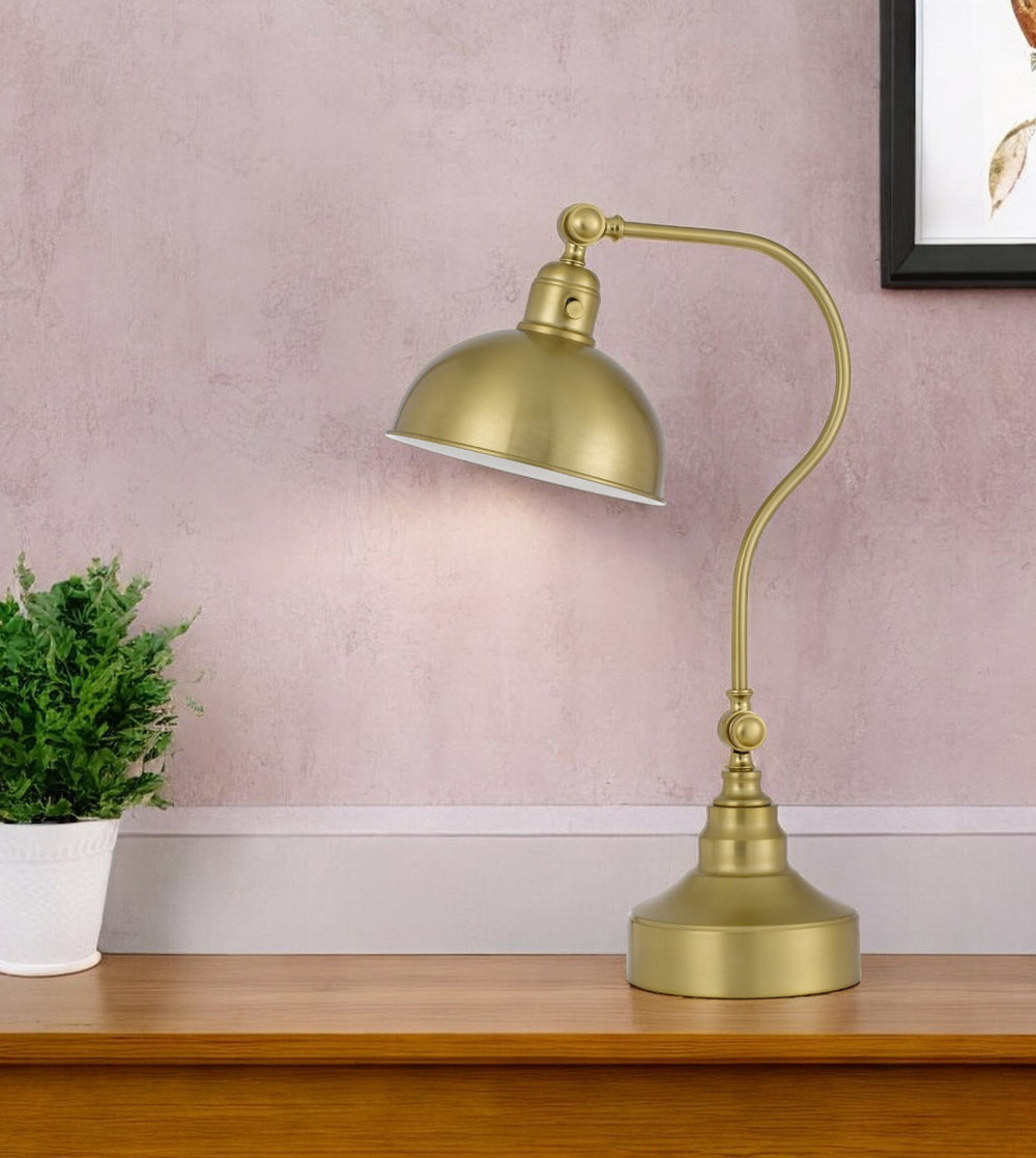 Homeroots 25" Antiqued Brass Metal Lantern Desk Lamp With Antiqued Brass Dome Shade   524725