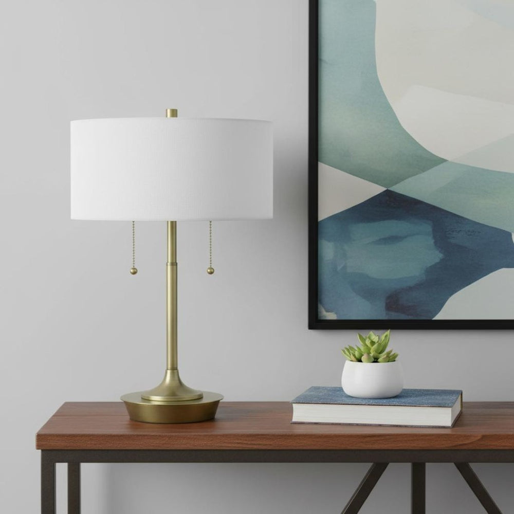 HomeRoots 20" Antiqued Brass Two-Light Table Lamp with White Shade - Elegant Design for Any Room Decor 524727