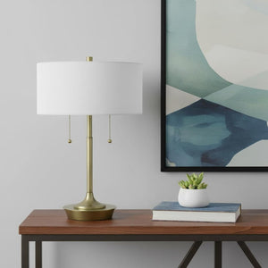 HomeRoots 20" Antiqued Brass Two-Light Table Lamp with White Shade - Elegant Design for Any Room Decor 524727