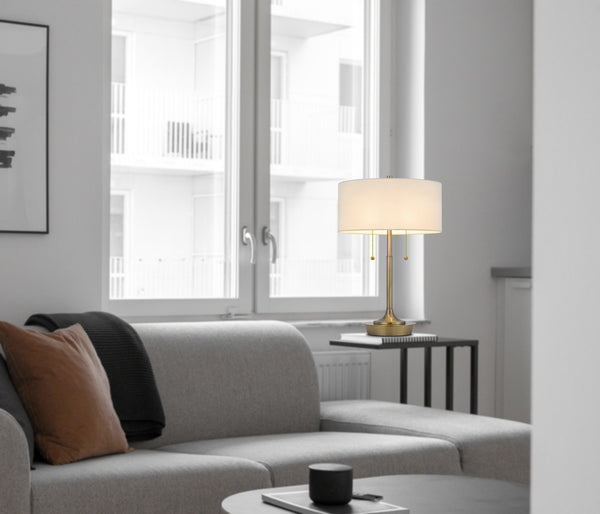 Homeroots 20" Antiqued Brass Metal Two Light Table Lamp With White Drum Shade   524727