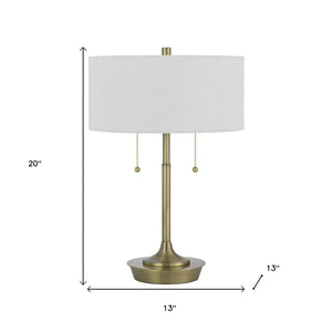 HomeRoots 20" Antiqued Brass Two-Light Table Lamp with White Shade - Elegant Design for Any Room Decor 524727