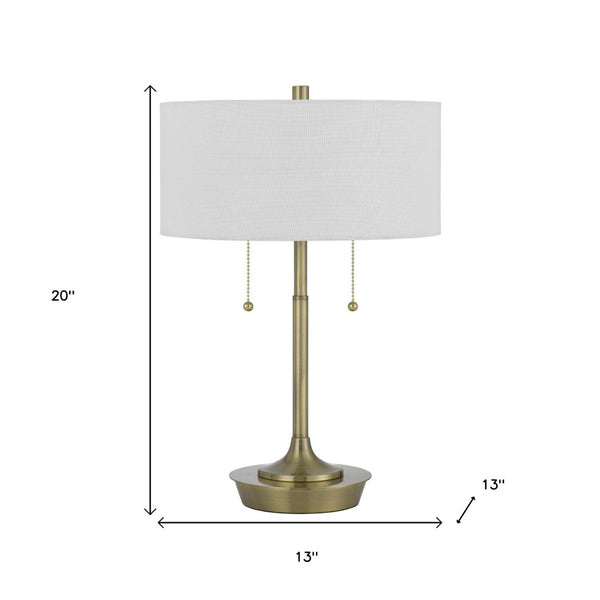 HomeRoots 20" Antiqued Brass Two-Light Table Lamp with White Shade - Elegant Design for Any Room Decor 524727