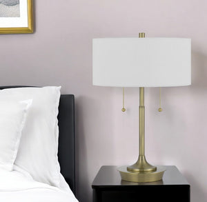 Homeroots 20" Antiqued Brass Metal Two Light Table Lamp With White Drum Shade   524727