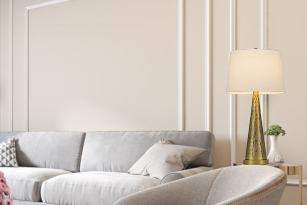 HomeRoots 27" Antiqued Brass Geometric Table Lamp with White Shade – Modern Elegance for Any Room Decor 524728