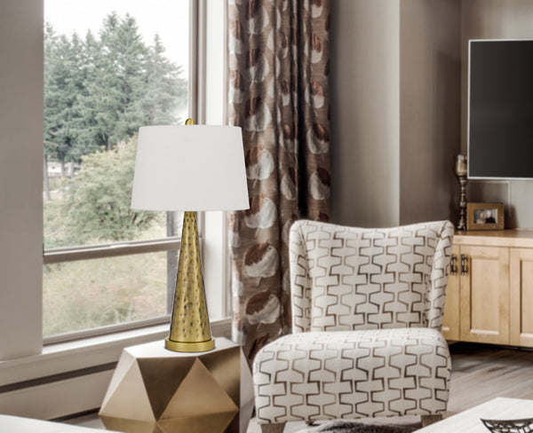 HomeRoots 27" Antiqued Brass Geometric Table Lamp with White Shade – Modern Elegance for Any Room Decor 524728