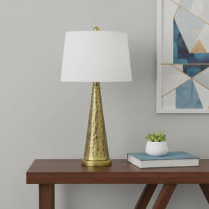 HomeRoots 27" Antiqued Brass Geometric Table Lamp with White Shade – Modern Elegance for Any Room Decor 524728