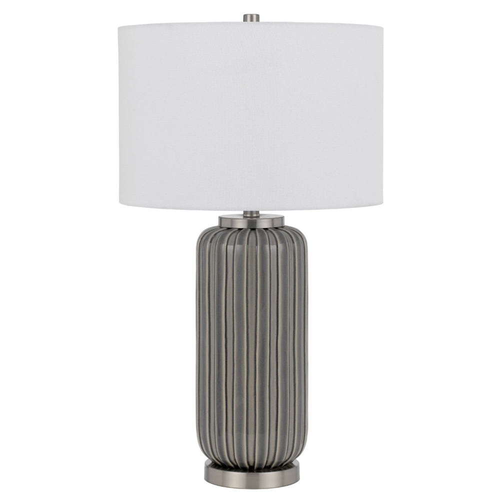 HomeRoots 29" Gray Metal Cylinder Table Lamp with White Drum Shade - Modern Design, Dimmable Light & Versatile Style 524729