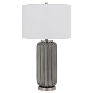 HomeRoots 29" Gray Metal Cylinder Table Lamp with White Drum Shade - Modern Design, Dimmable Light & Versatile Style 524729