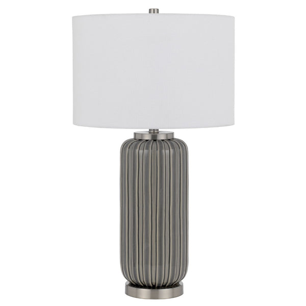 HomeRoots 29" Gray Metal Cylinder Table Lamp with White Drum Shade - Modern Design, Dimmable Light & Versatile Style 524729